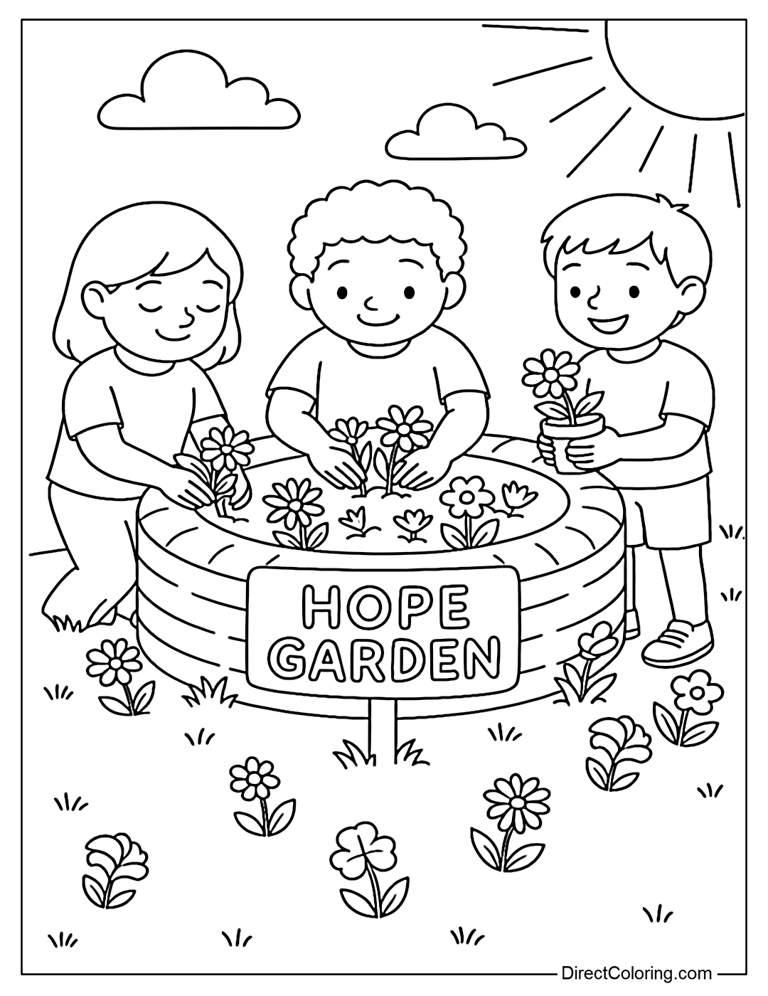 A group coloring page of children planting a flower garden in an old tire, with a sign saying 